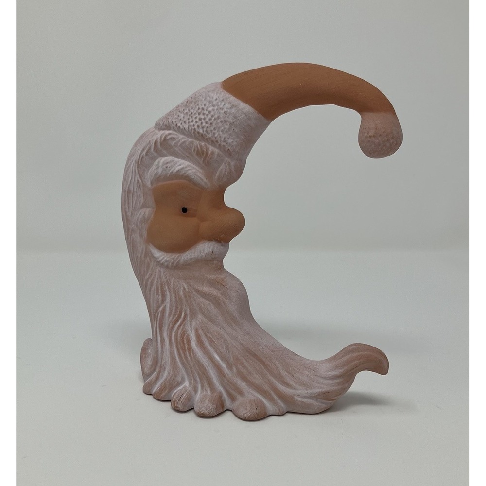 Vintage Terracotta Crescent Moon Santa Figurine Unglazed Clay Christmas Decor 6"